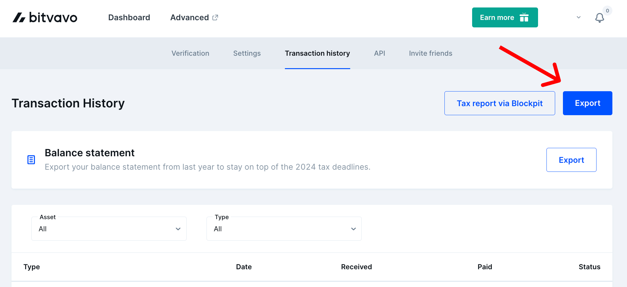 Screenshot van het Bitvavo-platform met het exporteren-button rechtsboven in je handelsgeschiedenis