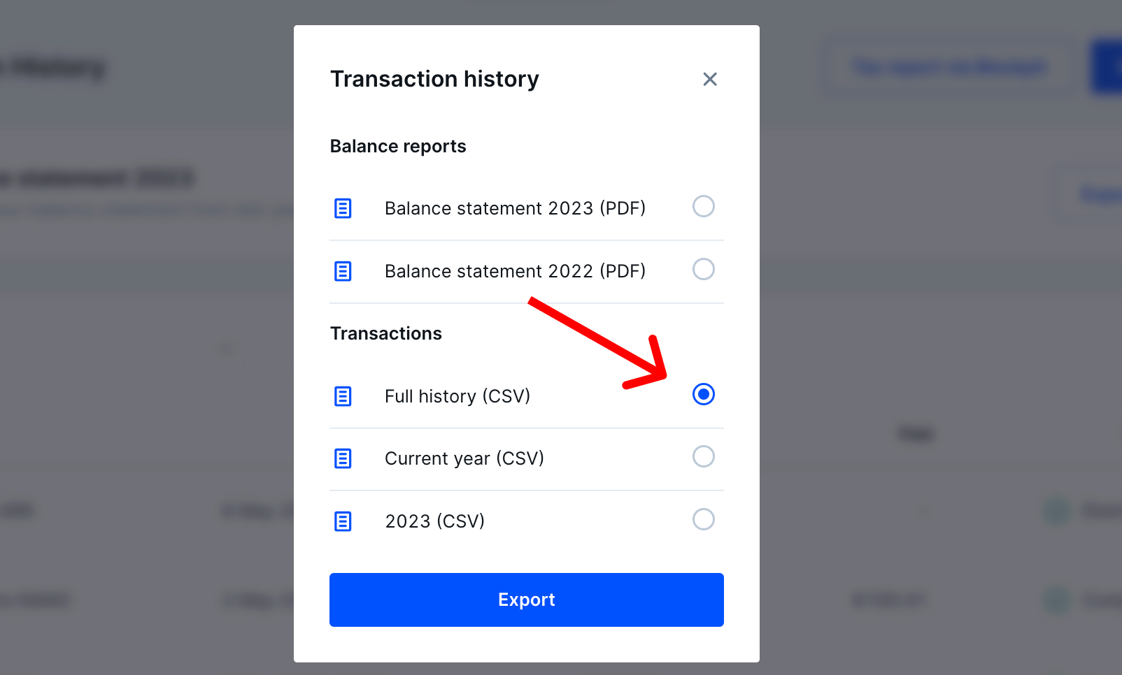 Screenshot van het Bitvavo-platform met een menu van de exportopties
