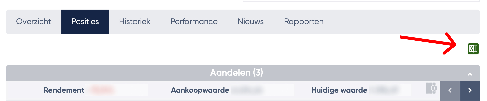 Screenshot van het Bolero-platform met het Excel-icoontje rechtsboven in je posities-overzicht