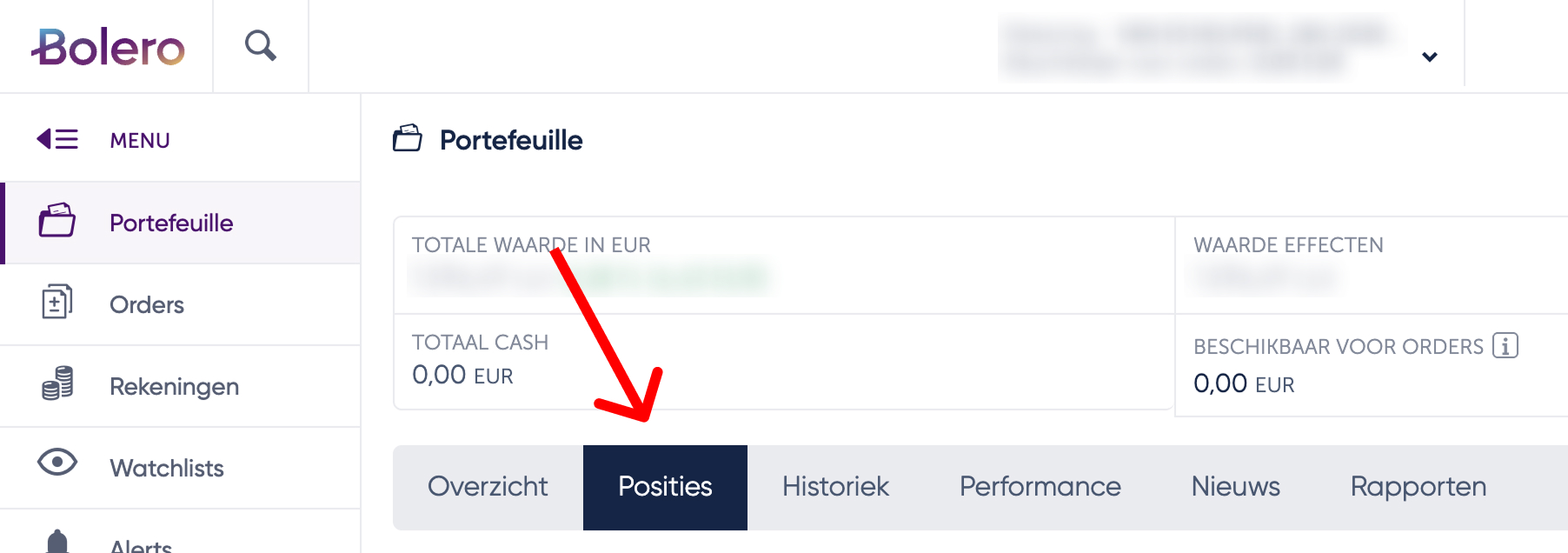 Screenshot van het Bolero-platform met de navigatie naar Portefeuille en het tabblad Posities