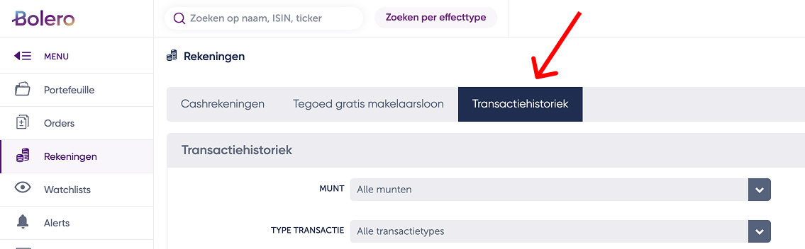Screenshot van het Bolero-platform met de navigatie naar Rekeningen en de tab Transactiehistoriek