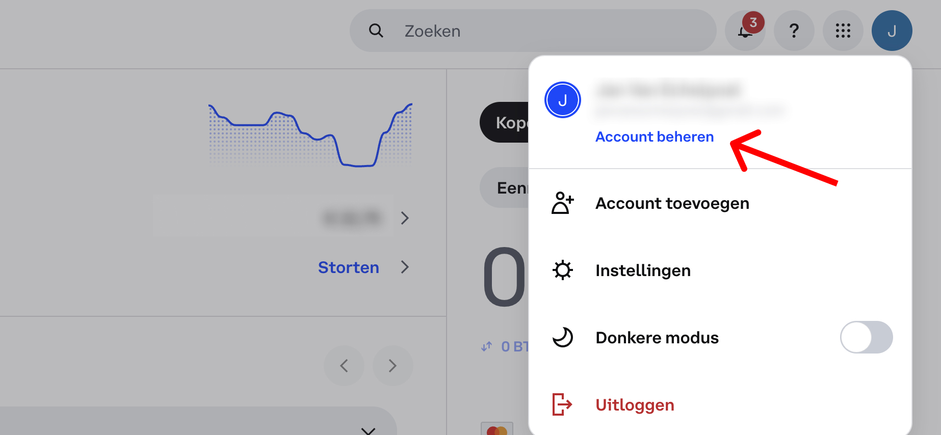 Screenshot van het Coinbase-platform met het profielicoon rechtsboven en "account beheren" onder de gebruikersnaam