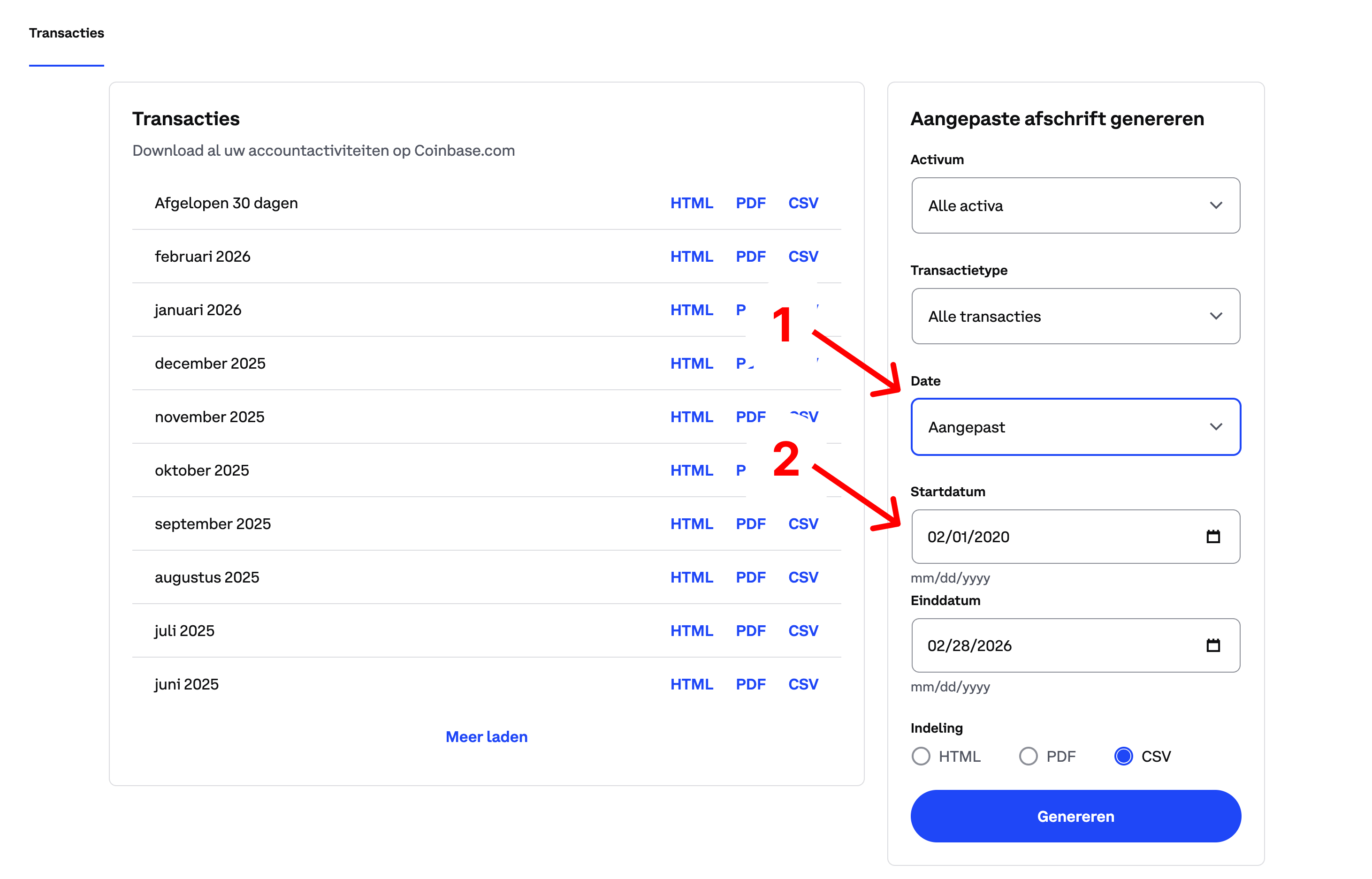 Screenshot van de afschriften-pagina van Coinbase met het menu rechts op "Date" en "Aangepast" geselecteerd