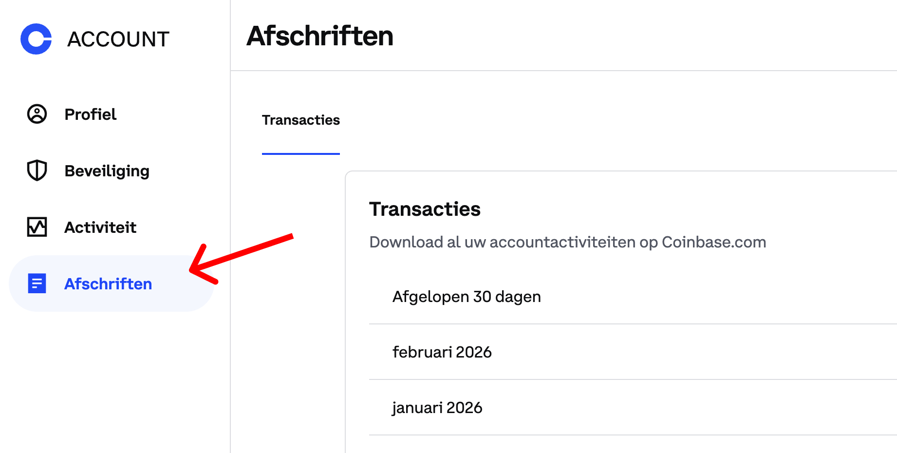 Screenshot van het Coinbase-platform met het menu in de linkerkant en "Afschriften" geselecteerd