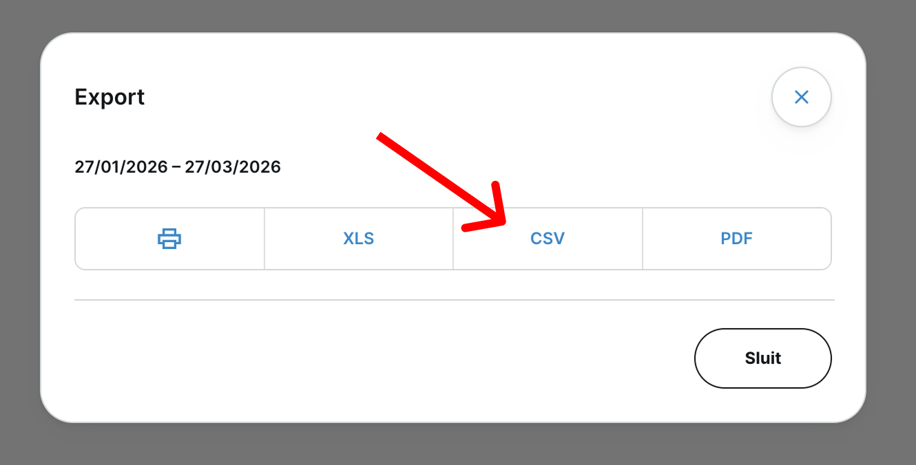 Screenshot van DEGIRO waar het CSV-formaat wordt gekozen voor export