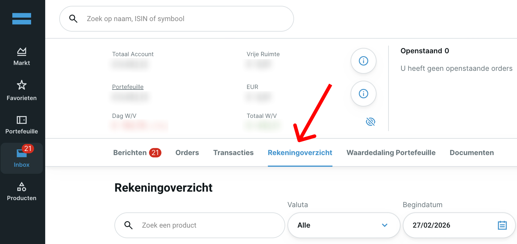 Screenshot van het DEGIRO-platform met de navigatie naar Inbox en Rekeningoverzicht