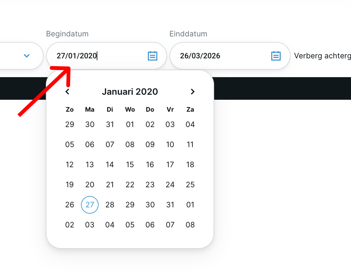 Screenshot van DEGIRO met de datumvelden om een begin- en einddatum te selecteren voor je export