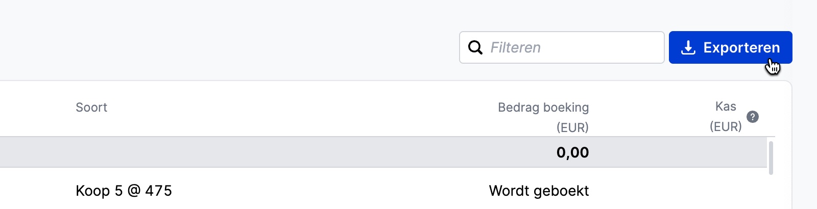 Screenshot van het Saxo-platform met de exporteren-button rechtsboven de transactielijst