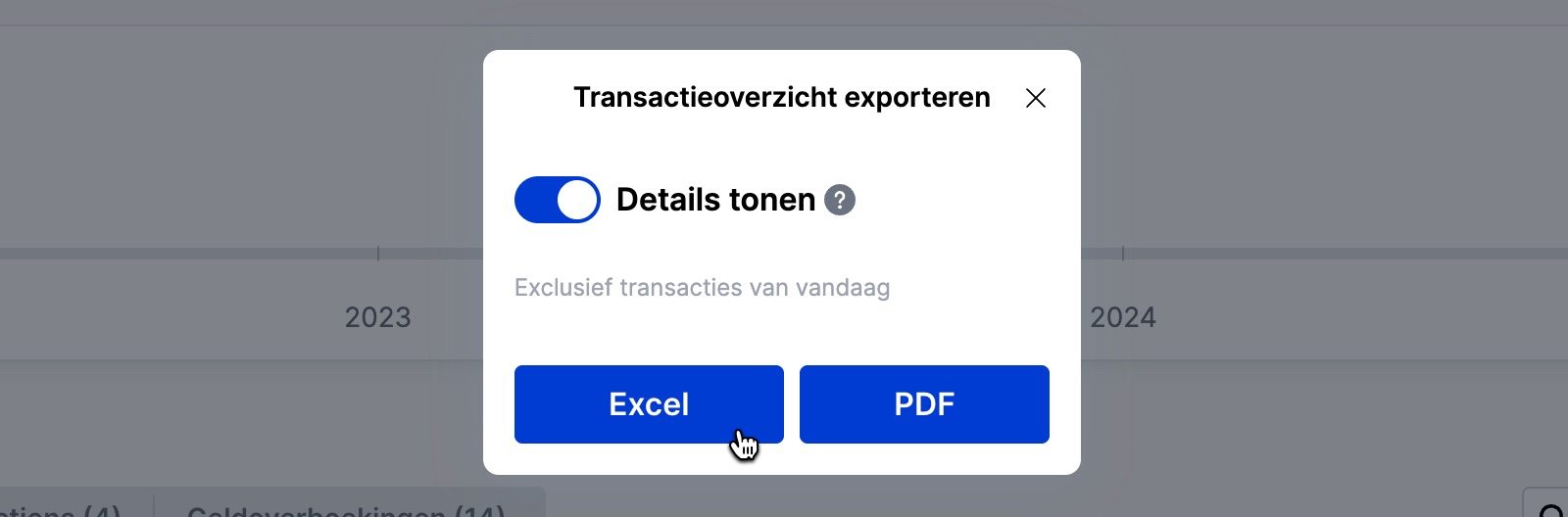 Screenshot van het Saxo-exportvenster met de schakelaar Details tonen en de knoppen Excel en PDF