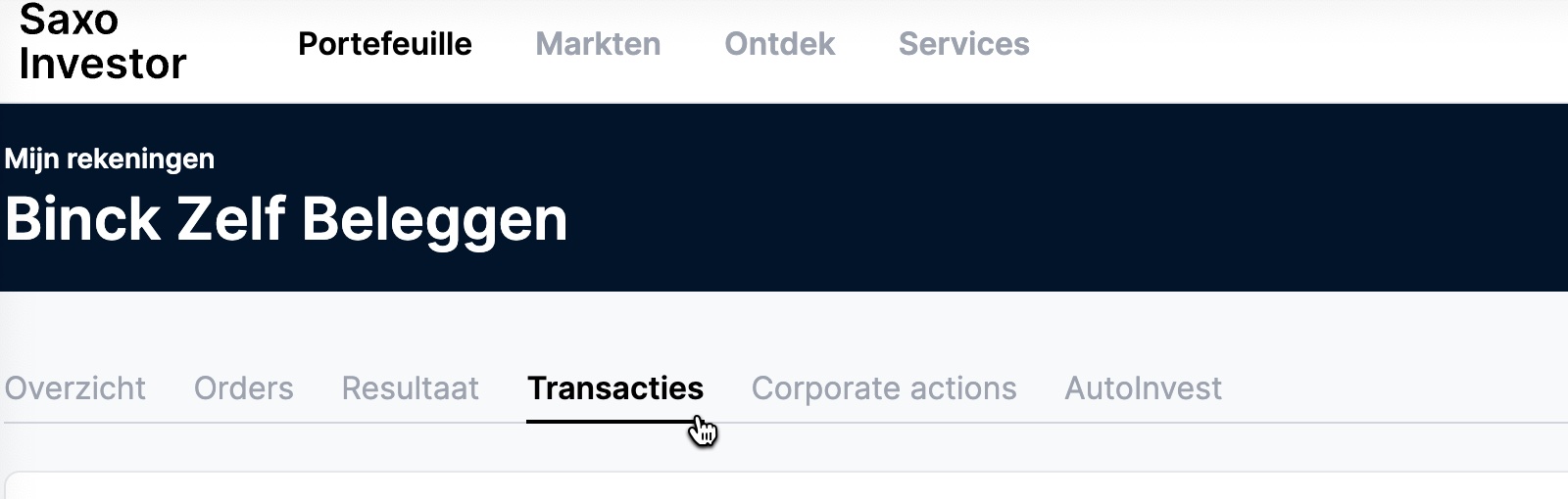 Screenshot van het SaxoInvestor-platform met de navigatie naar Portefeuille en de tab Transacties