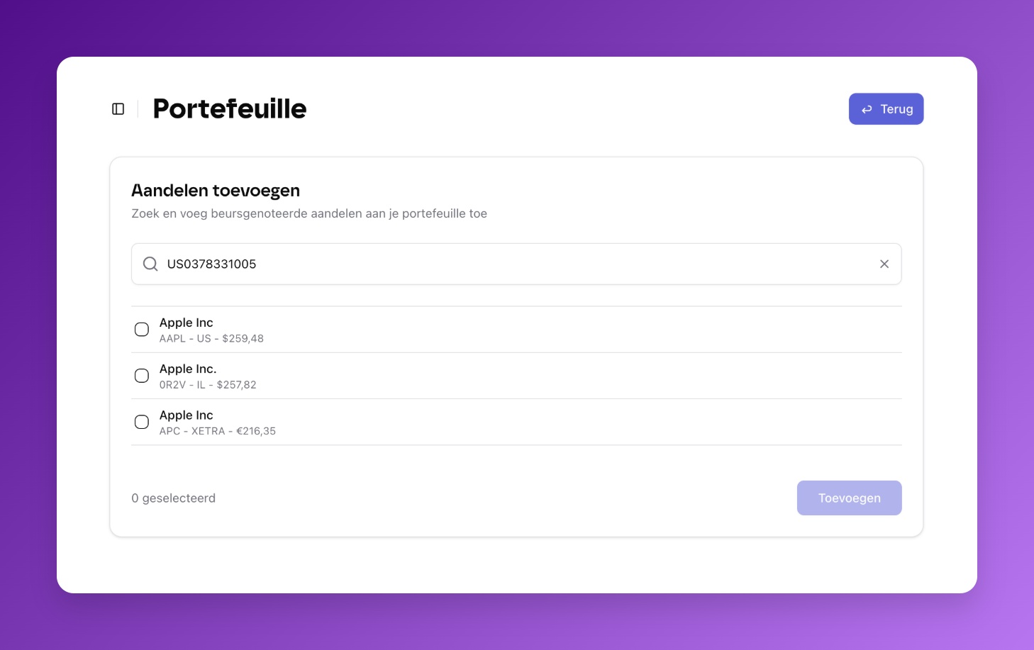 Zoekbalk in Plutu die ISIN-code invoer toont voor het vinden van aandelen en ETFs