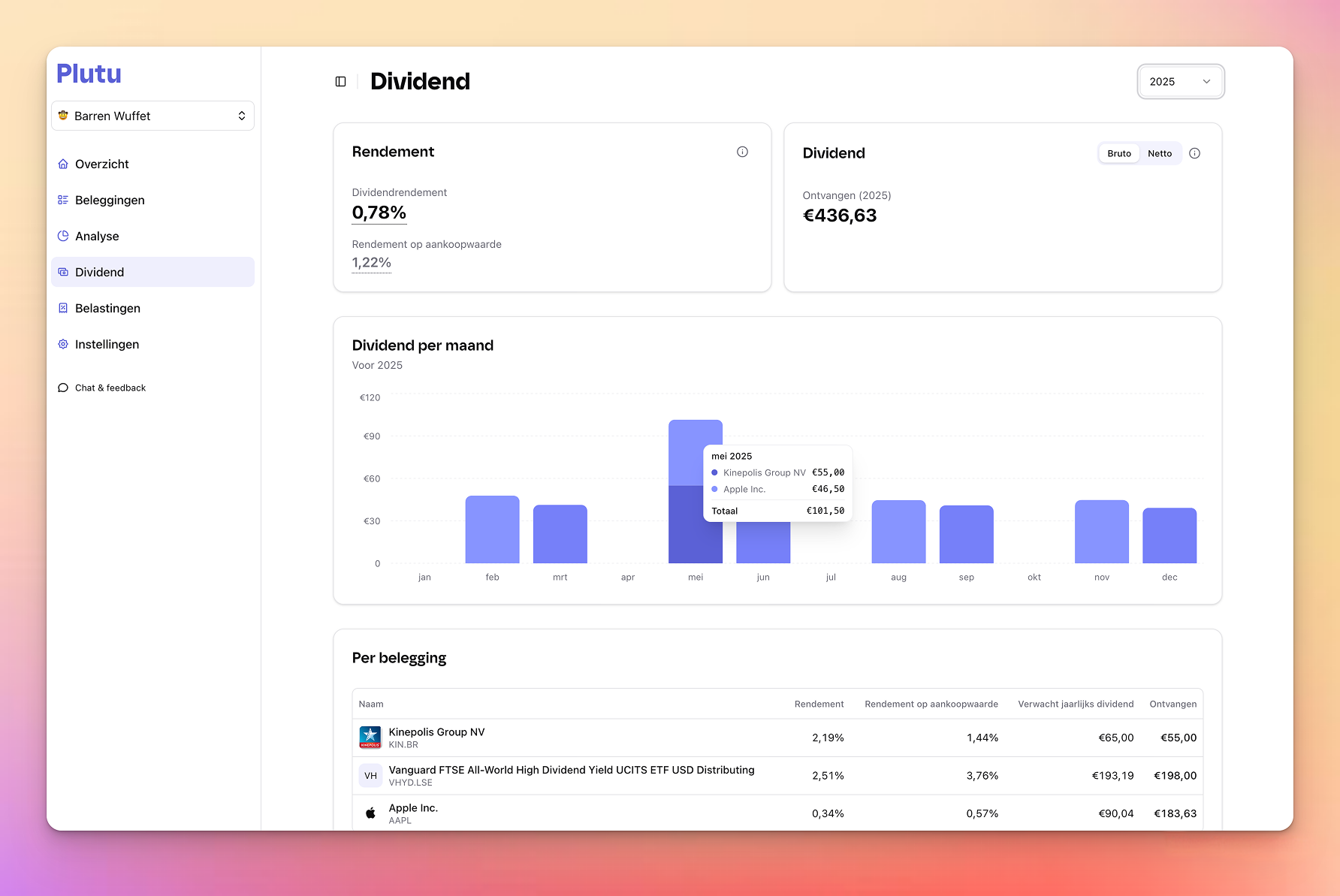 Screenshot van de Dividend-pagina in Plutu